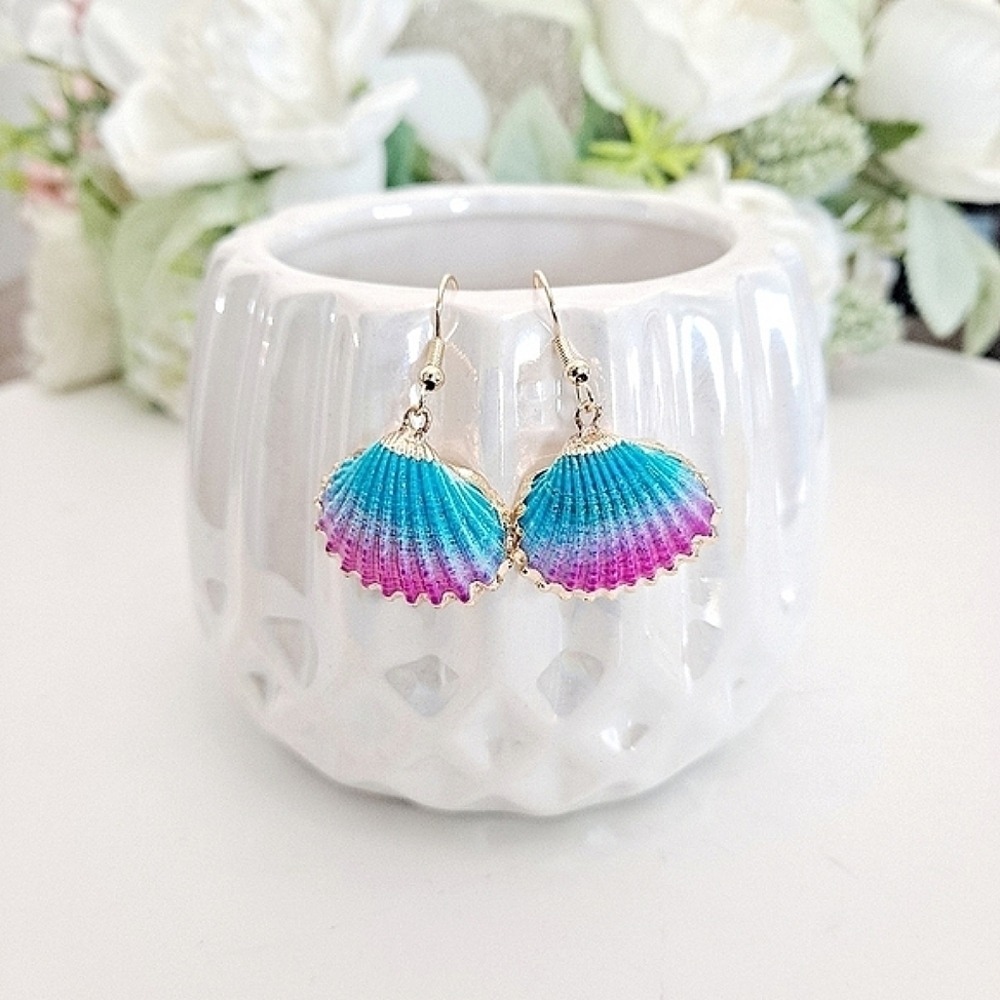 Gold statement earrings blue pink seashell boho mermaid beach tropical 💖 2/$30
